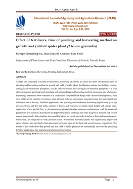 Effect of Fertilizers, Time of Pinching and Harvesting Method on Growth and Yield of Spider Plant (Cleome Gynandra)