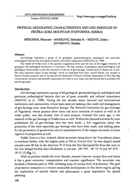 Physical Geographic Characteristics and Geo-Heritage of Fruska Gora Mountain (Vojvodina, Serbia)