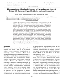 Bioaccumulation of Lead and Cadmium in Liver and Muscle Tissues of Kutum Fish (Teleostei: Cyprinidae) in the Southern Caspian Sea