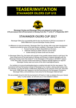 Teaser/Invitation Stavanger Oilers Cup U15 01-03 September 2017