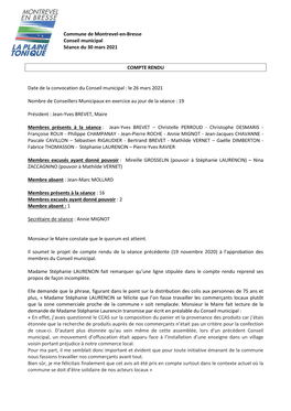 Commune De Montrevel-En-Bresse Conseil Municipal Séance Du 30 Mars 2021 COMPTE RENDU Date De La Convocation Du Conseil Municipa