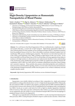 High-Density Lipoproteins As Homeostatic Nanoparticles of Blood Plasma