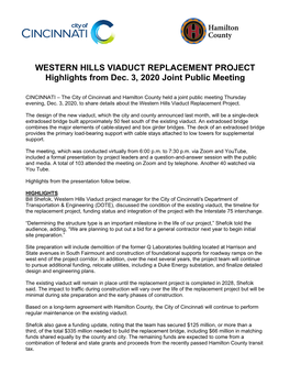 WESTERN HILLS VIADUCT REPLACEMENT PROJECT Highlights from Dec