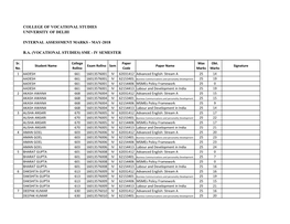 College of Vocational Studies University of Delhi Internal Assessment Marks