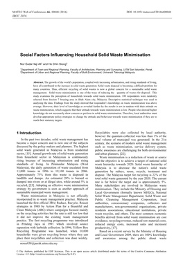 Social Factors Influencing Household Solid Waste Minimisation