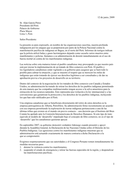 Carta Al Sr. Presidente Alan Garcia El 12 De Junio, 2009