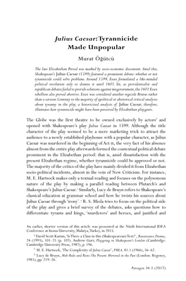 Julius Caesar: Tyrannicide Made Unpopular Murat Öğütcü