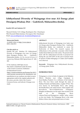 Ichthyofaunal Diversity of Wainganga River Near AA Energy Plant Desaiganj (Wadsa), Dist – Gadchiroli, Maharashtra (India)