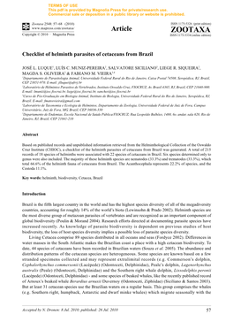 Zootaxa, Checklist of Helminth Parasites of Cetaceans from Brazil