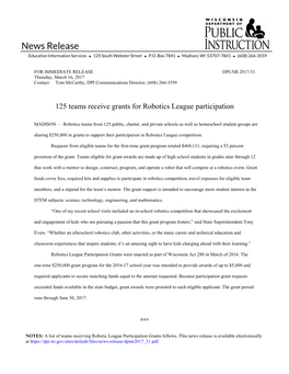 125 Teams Receive Grants for Robotics League Participation