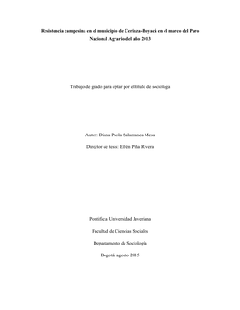 Resistencia Campesina En El Municipio De Cerinza-Boyacá En El Marco Del Paro Nacional Agrario Del Año 2013