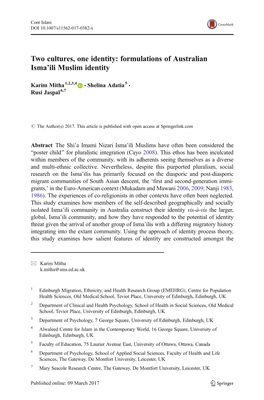 Formulations of Australian Isma'ili Muslim Identity