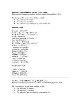 Satellites Added and Deleted for July 1, 2010 Release This Version of the Database Includes Satellites Launched Through July 1, 2010