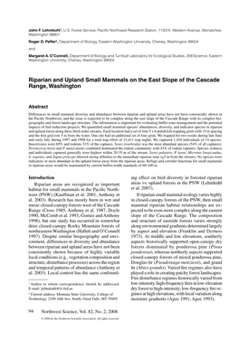 Riparian and Upland Small Mammals on the East Slope of the Cascade Range, Washington