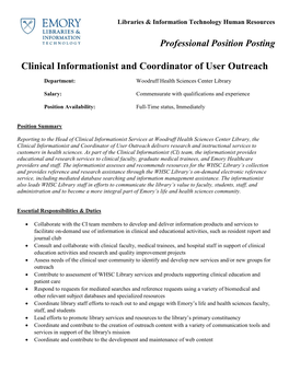 Clinical Informationist and Coordinator of User Outreach