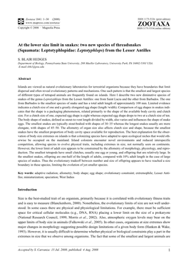 Zootaxa, at the Lower Size Limit in Snakes