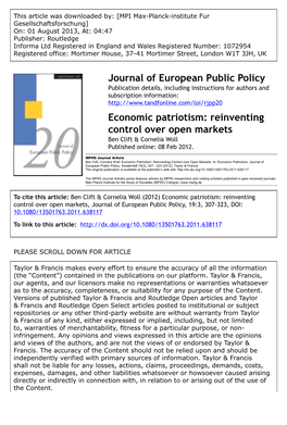 Economic Patriotism: Reinventing Control Over Open Markets Ben Clift & Cornelia Woll Published Online: 08 Feb 2012