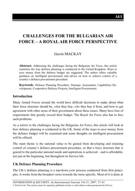 Challenges for the Bulgarian Air Force – a Royal Air Force Perspective