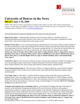 University of Denver in the News DRAFT June 1-30, 2009 NOTE: This Report Provides Representative Examples of the Media Coverage of DU People and Programs