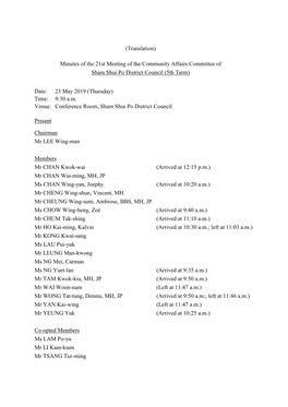 Minutes of the 21St Meeting of the Community Affairs Committee of Sham Shui Po District Council (5Th Term)