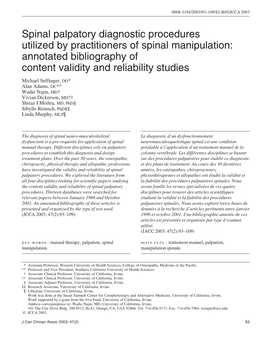 Spinal Palpatory Diagnostic Procedures Utilized by Practitioners of Spinal Manipulation: Annotated Bibliography of Content Validity and Reliability Studies