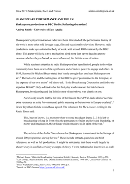 BSA 2019: Shakespeare, Race, and Nation Andrea.Smith@Uea.Ac.Uk 1 SHAKESPEARE PERFORMANCE and the UK Shakespeare Productions On