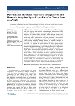 Determination of Natural Frequencies Through Modal and Harmonic Analysis of Space Frame Race Car Chassis Based on ANSYS