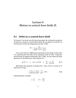 Lecture 8 Motion in Central Force Fields