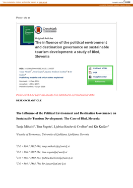 The Influence of the Political Environment and Destination Governance on Sustainable Tourism Development: the Case of Bled, Slovenia