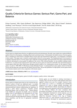 Quality Criteria for Serious Games: Serious Part, Game Part, and Balance