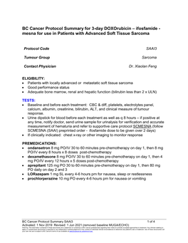BC Cancer Protocol Summary for 3-Day Doxorubicin – Ifosfamide - Mesna for Use in Patients with Advanced Soft Tissue Sarcoma