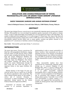 Isolation and Characterization of Novel Microsatellite Loci in Green Tiger Shrimp (Penaeus Semisulcatus)