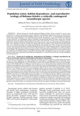 Population Status, Habitat Dependence, and Reproductive Ecology of Bahama Orioles: a Critically Endangered Synanthropic Species Melissa R