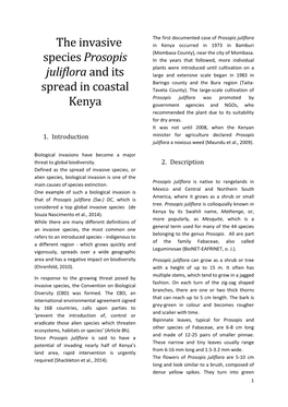 Prosopis Juliflora the Invasive in Kenya Occurred in 1973 in Bamburi (Mombasa County), Near the City of Mombasa