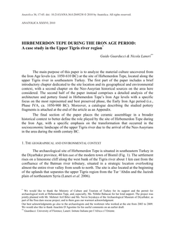 HIRBEMERDON TEPE DURING the IRON AGE PERIOD: a Case Study in the Upper Tigris River Region*