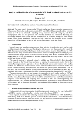 Analyze and Predict the Aftermath of the 2020 Stock Market Crash on the US Economy