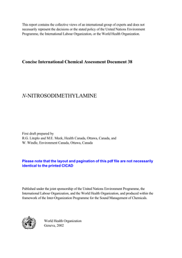 Concise International Chemical Assessment Document 38. N-NITROSODIMETHYLAMINE. First Draft Prepared by R.G. Liteplo