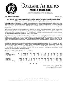 06-16-2012 Athletics Recall RHP Tyson Ross and IF Eric Sogard