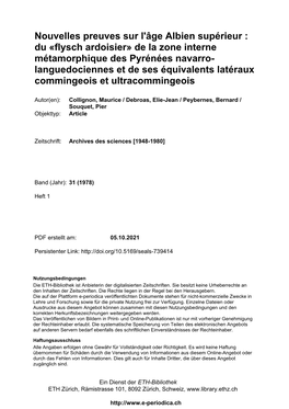 Flysch Ardoisier» De La Zone Interne Métamorphique Des Pyrénées Navarro- Languedociennes Et De Ses Équivalents Latéraux Commingeois Et Ultracommingeois