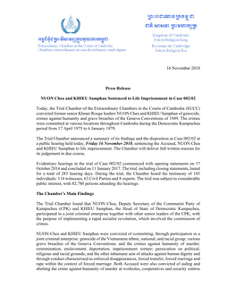 16 November 2018 Press Release NUON Chea and KHIEU Samphan Sentenced to Life Imprisonment in Case 002/02 Today, the Trial Chambe