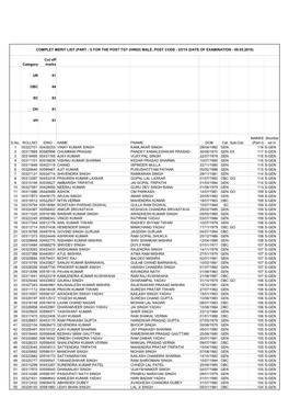 Category Cut Off Marks UR 91 OBC 84 SC 83 OH 81 VH 81 S.No. ROLLNO IDNO NAME FNAME DOB Cat. Sub-Cat. MARKS (Part-I) Shortlist Ed