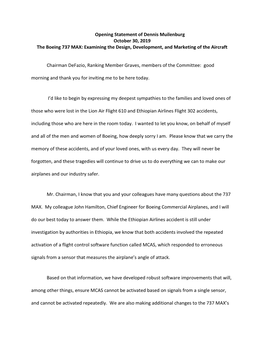 Opening Statement of Dennis Muilenburg October 30, 2019 the Boeing 737 MAX: Examining the Design, Development, and Marketing of the Aircraft