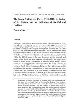 The South African Air Force, 1920–2012: a Review of Its History and an Indication of Its Cultural Heritage