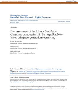 Diet Assessment of the Atlantic Sea Nettle Chrysaora Quinquecirrha in Barnegat Bay, New Jersey, Using Next-Generation Sequencing Robert W