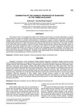 Examination of the Chemical Properties of Seawater of the Tambelan Islands