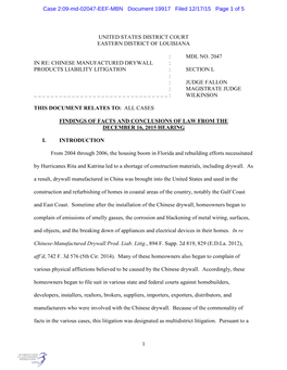 Chinese Manufactured Drywall : Products Liability Litigation : Section L : : Judge Fallon : Magistrate Judge