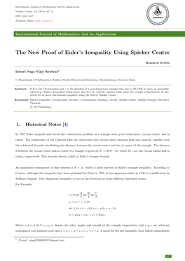 The New Proof of Euler's Inequality Using Spieker Center