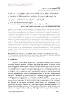 Kratom (Mitragyna Speciosa Korth) for a New Medicinal: a Review of Pharmacological and Compound Analysis