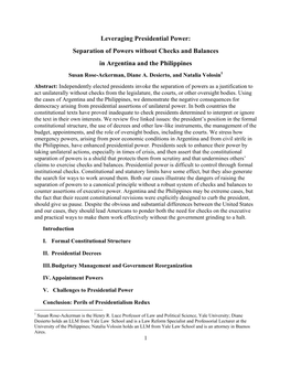 Leveraging Presidential Power: Separation of Powers Without Checks and Balances in Argentina and the Philippines Susan Rose-Ackerman, Diane A