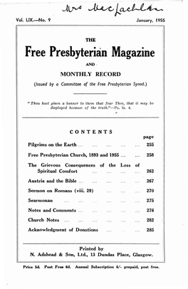 Free Presbyterian Magazine AND· MONTHLY RECORD (Issued by a Committee of the Free Presbyterian Synod.)